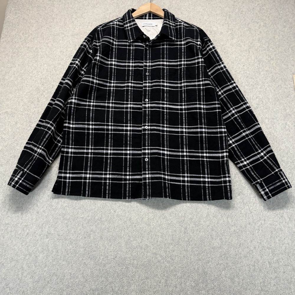 Frame Womens Plaid Button Up Shirt Black White Long Sleeve Overshirt L